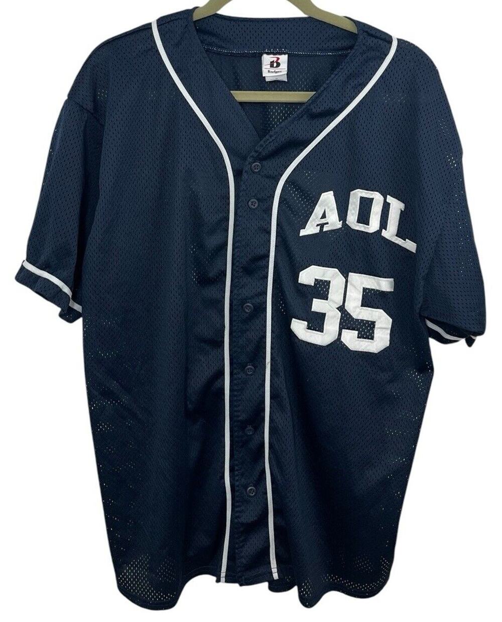 Vtg America Online AOL Shirt Jersey Mesh XL Blue Softball Logo Y2K Running Man